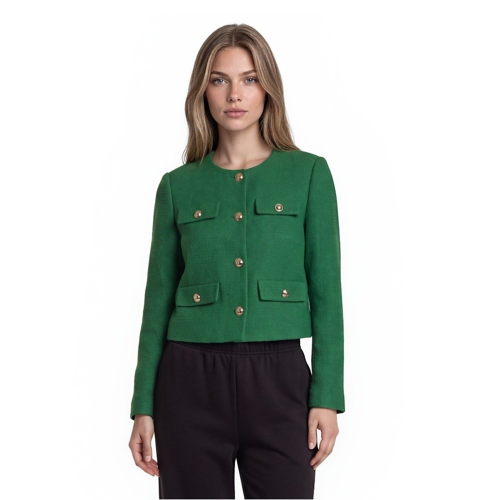 Ann Taylor Green Tweed Jacket Women's Size 8 Cropped Button Collarless Blazer